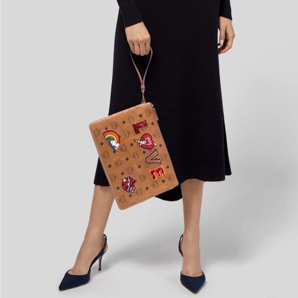 MCM• Leather Visetos Love Patch Wristlet Pouch •EUC - Picture 2 of 6